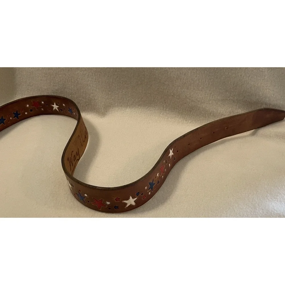 Tooled Leather Belt Red White & Blue Stars Western Cowgirl Brown Vtg 27-31.5